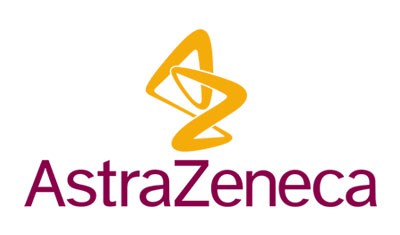 The image shows the AstraZeneca logo, featuring an abstract yellow symbol above the company name "AstraZeneca" written in purple text.