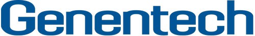 The image shows the Genentech logo, with the company name in bold blue letters against a white background.