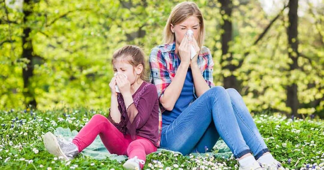 A woman and a young girl sit on a blanket in a field, surrounded by green trees and flowers. Both are blowing their noses, suggesting they are experiencing allergies. The scene is bright and suggests a spring or summer setting.