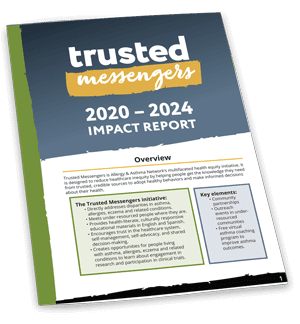 A report cover titled "trusted messengers 2020–2024 Impact Report," featuring a blue and gold design with an overview section and key initiative elements listed below.
