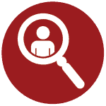 A red circle icon with a white outline of a magnifying glass. Inside the glass is a silhouette of a person, symbolizing search or investigation related to individuals.